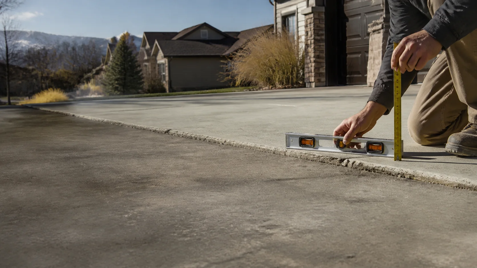 Checking a settled driveway slab with a level and tape measure