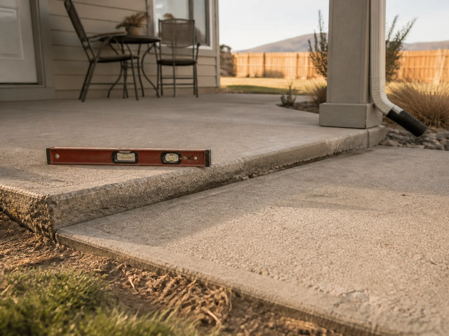 Settled patio edge beside a home being evaluated for leveling